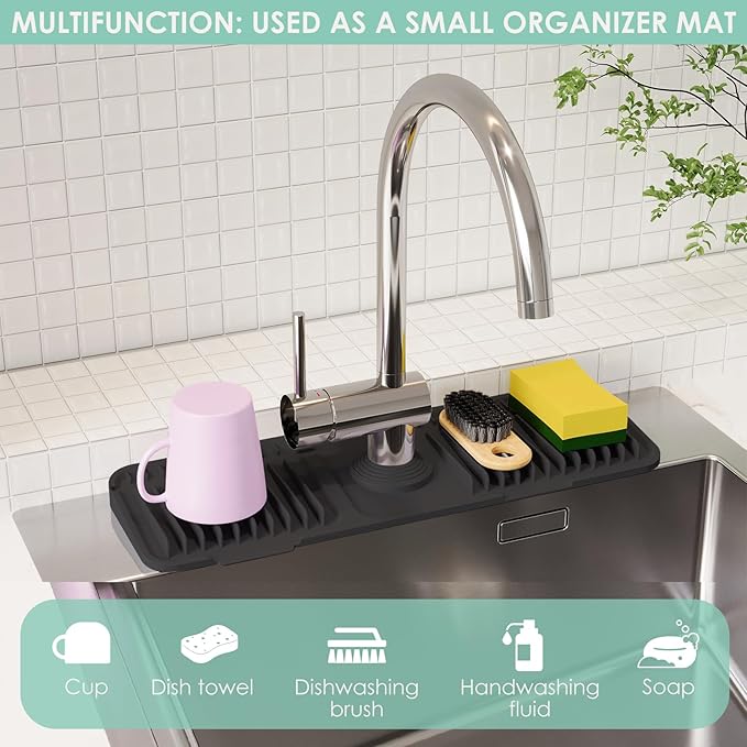 24 Inch Silicone Faucet Mat for Kitchen Sink Splash Guard - 7Β° Slope Water Draining Mat With Fasten Button for Bathroom Area (Black, 17.7''x5.5'')