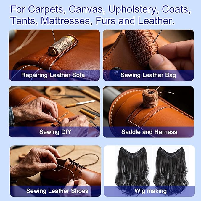 Extra Strong Upholstery Repair Sewing Thread Kit and Heavy Duty Household Hand Needles, Including 5 Rolls Nylon Thread,7 Styles of Leather Canvas Sewing Needles and 1 Needle Threader