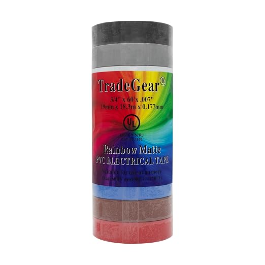 TradeGear Electrical Tape (10PK) Assorted Matte Rainbow Colors – Waterproof, Flame-Retardant, Rubber Based Adhesive, UL Listed – Rated for Max. 600V and 80oC Use –Measures 60’ x 3/4" x 0.07"