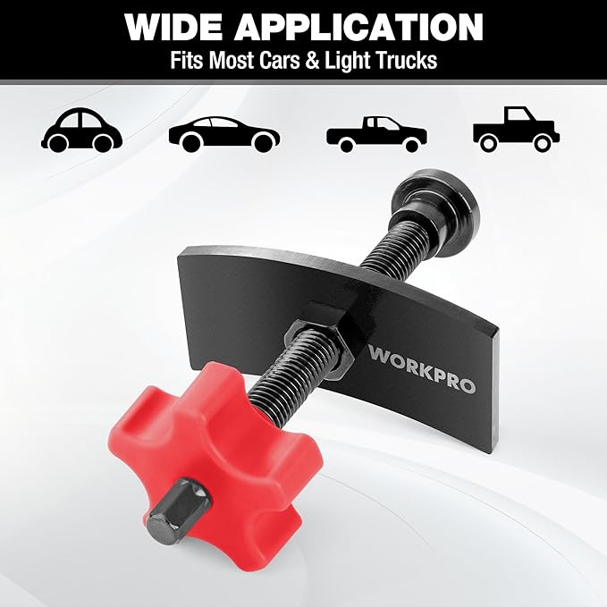 WORKPRO Heavy Duty Disc Brake Pad Spreader, Brake Caliper Compression Tool for Compressing Inner Pad with 2PCS Hangers, 360 Degree Swivel Joint Brake Piston Compressor Tool for Cars & Light Trucks