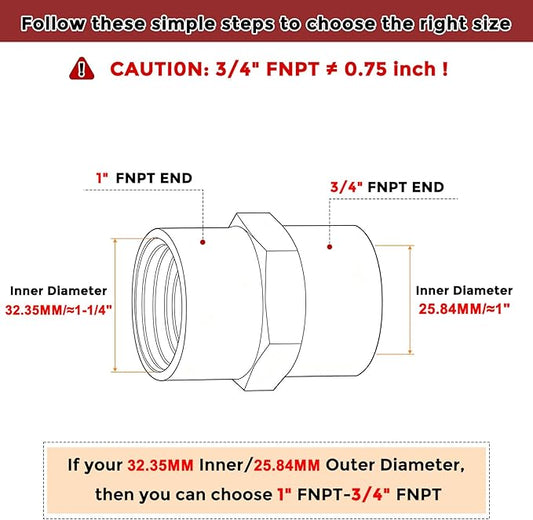 Pack of 2, 1" FeMale NPT to 3/4" FeMale NPT Solid Brass Pipe Fitting Coupler, Brass Coupling Hose Fittings Adapter for Pipe Leak Repair, Bathroom Remodeling, Tool Extensions
