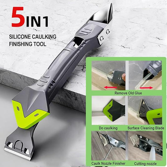 Silicone Caulking Tool Kit, 5 in 1 Sealant Finishing Tool with Stainless Steel Head, Putty Knife, 3 Glass Glue Corner Scrapers, Grout Removal Tool for Kitchen Bathroom Floor Window