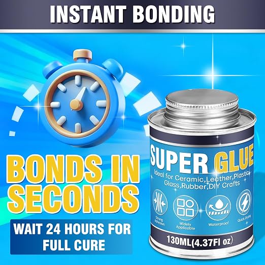 Super Glue, Super Glue All Purpose, 130ml Long-Lasting & Clear Glue with Brush, Powerful Cyanoacrylate Glue for Cotton, Flannel, Denim, Leather, Metal, Wood, PVC, Plastic, Glass, Acrylic, Ceramics