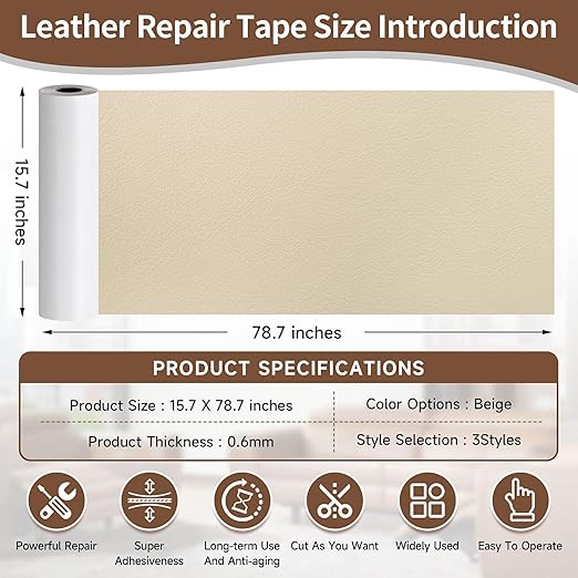15.7 x 78.7in Beige Leather Tape, self-Adhesive Leather Repair Patch, for car seat Repair, Vinyl Repair kit, Suitable for Sofas, Furniture, Seats,Strong Adhesive Leather Repair Tape