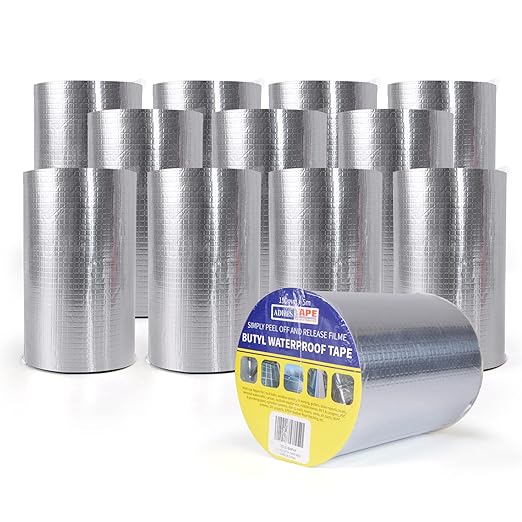 ADHES Butyl Tape Waterproof Tape Aluminum Foil Tape Sealan Tape 6in x 16ft for RV Repair, Window, Boat and Pipe Sealing, Glass & EDPM Rubber Roof Patching,12Rolls(Model:RAY100-2,Glue Color:Grey)