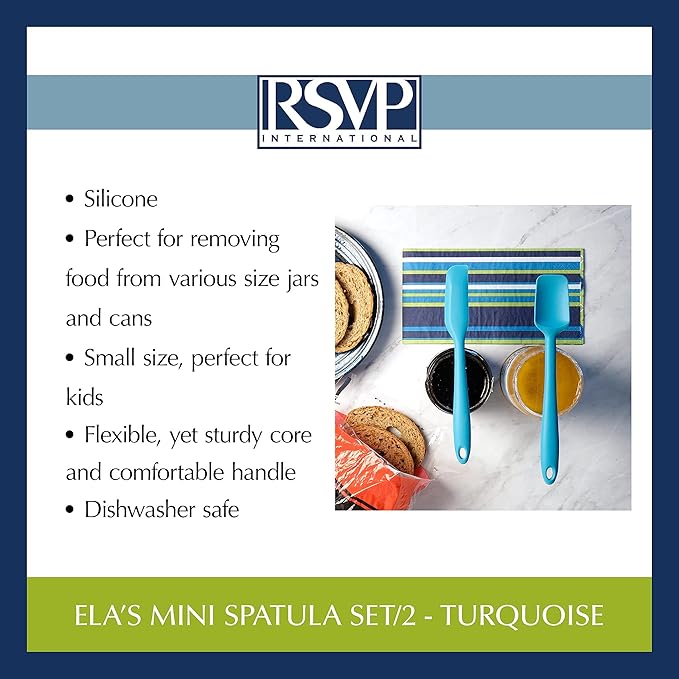 RSVP International Ela's Favorite Silicone Spatula, Turquoise, 8" | BPA-Free Silicone | Scrape Batters, Flip Eggs, Ice Cakes, & More | Dishwasher Safe & Heat Resistant | Cooking & Baking