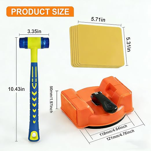 Floor Gap Fixer Kit – Heavy Duty Repair Tool with 180lb Suction Cup, Rubber Mallet & 5 Reusable Pads, Felt-Covered Dual Striking Surface for Laminate, Hardwood & Vinyl Plank Repairs