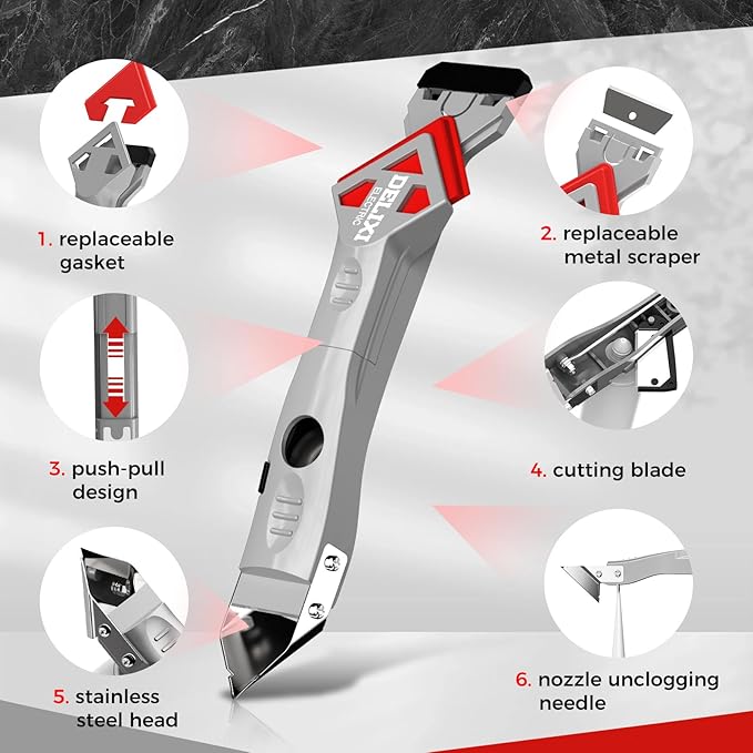 7 in 1 Caulking Tool with 5 Silicone Pads and 10pcs Caulking Tool Kit, Caulk Remover Tool with Replacement Blades and Unclogging Needle, Caulking Removal Tool for Kitchen Bathroom and Window