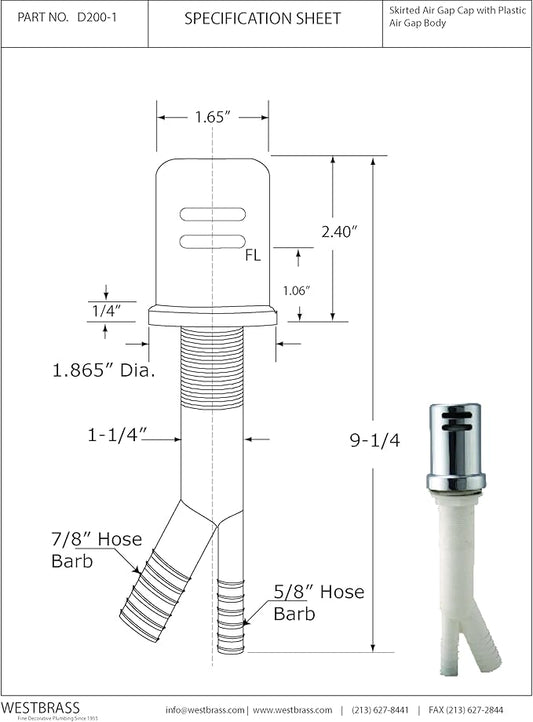 Westbrass R200-1-25-26 1-3/4" x 2-3/4" Solid Brass Air Gap Cap Kit, Skirted, Polished Chrome (25-Pack)