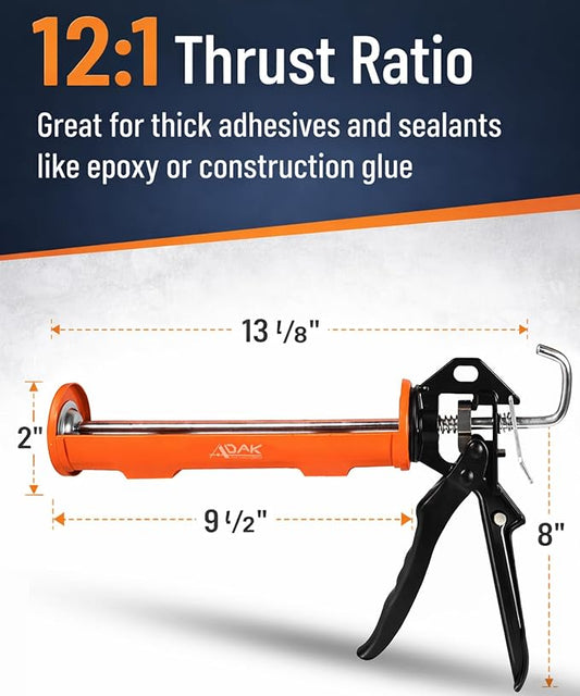 ADAK - Professional Caulking Gun, 12:1 Thrust Ratio, Caulking Gun No Drip, Hand Tool for Silicone & Sealant Application, Smooth Pressure Caulk Gun, Caulking Gun Tool
