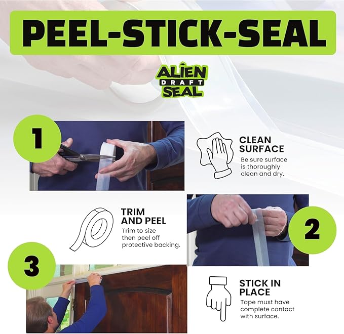 Alien Draft Seal Insulation Tape Transparent Silicone Weather Stripping Seal Strip and Under Door Draft Stopper for Windows and Door Bottoms As Seen On TV(1 Roll - 16 Feet)