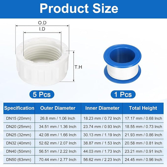 uxcell 5Pcs 1 Inch PT Female Thread PVC Pipe Fitting Cap, Cleanout Water Drain End Caps, Pipe Plug Socket Fittings with Tape for Water Heater Supply Lines, Plumbing, White