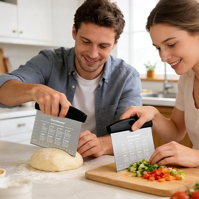Ourokhome 2 Pack Bench Scraper Dough Cutter, Stainless Steel Dough Scraper with Laser-Etched Scale, Conversion Chart, Non-Slip Handle, Dishwasher Safe for Bread & Pastry, Black