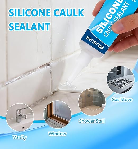 Clear Silicone Caulk Sealant 3.38 fl.oz(100ml), Waterproof & Strong Adhesion, Shrink & Crack Proof for Kitchen Bathroom Window Door Toilet Shower Sink
