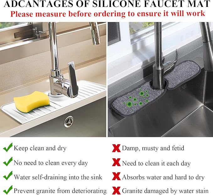 YATOISUR Sink Splash Guard 14.4” x 5.4” - Sink Faucet Mat with Faucet Water Catcher Mat & Soap Dish & Sponge Holder 3 in 1 - Silicone Faucet Handle Drip Catcher Tray for Kitchen RV & Bar Faucet, White
