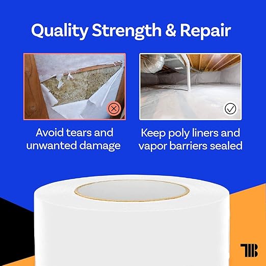 Vapor Barrier Tape - 4 inch x 180' Roll, Made in USA, White Polyethylene Tape for Crawl Spaces & Moisture Barriers, Waterproof Seal & Seam Tape for Underlayment, Insulation, and Plastic Liners (12)