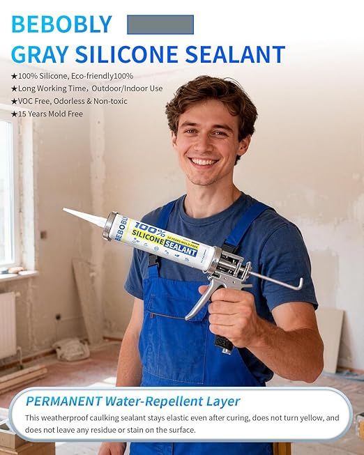 Silicone Caulk & Sealant Gray, 100% Waterproof Silicone Sealant, Shrink & Crack Proof, Silicone Caulking for Kitchen, Bathroom, RV, Interior & Exterior Use, 10.2 FL. OZ/300ML, 4 Pack