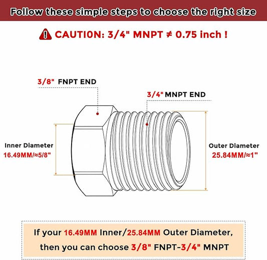 Pack of 5, 3/4" Male NPT to 3/8" FeMale NPT Solid 304 Stainless Steel Hex Bushing with Sealing Tape, Hose Fittings Adapter Reducer for Bathroom Remodel, Tool Extensions