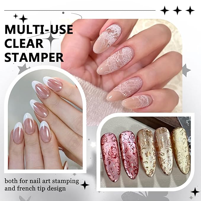 Fcozpjk French Tip Tool, 3PCS Clear Silicone Nail Art Stamper Scraper Kit with Replacement Soft Jelly Stamp Head Quick French Tip Manicure Guides Stamping Polish Printing Design Salon Supplies