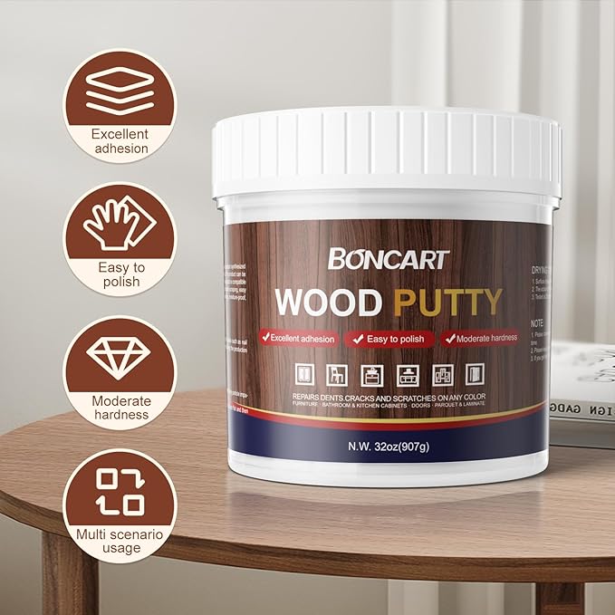 Boncart 32oz Wood Filler Putty - Walnut Paintable Furniture Repair Kit for Quickly Fixing Broken and Defective Wooden Items, MQNZ-09