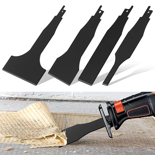 4PCS Reciprocating Saw Scraper Blade, High Carbon Steel Tile Cleaning Tools for Removing Tile Grout Glue Gaps Adhesives, Wall Cleanings, Metal Derusting (Color:Black)