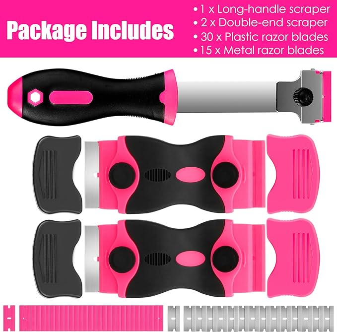 Razor Blade Scraper Tool, 3Pcs Pink Razor Scrapers with 15pcs Metal and 30pcs Plastic Blades, Scraper Tool for Cleaning Paint, Decals, Adhesive, Caulk, Stickers, Glass, Labels, Window, Stovetop