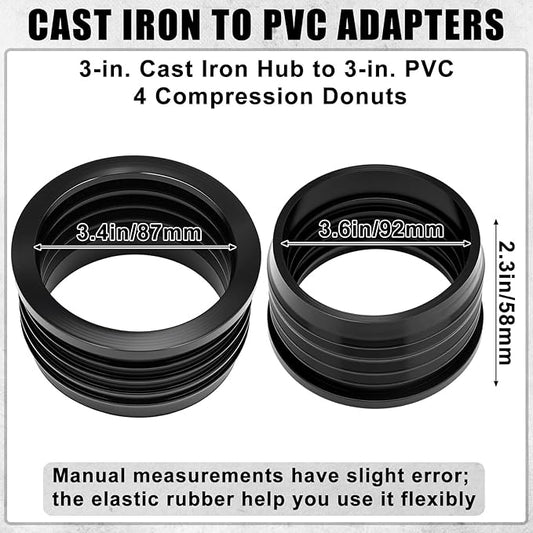 4 Pack 3'' to 3'' Cast Iron Hub to PVC Adapter Sewer Pipe Repair Kit Flexible Seal Fitting for Schedule Pipes Leak Resistant Corrosion Proof Durable