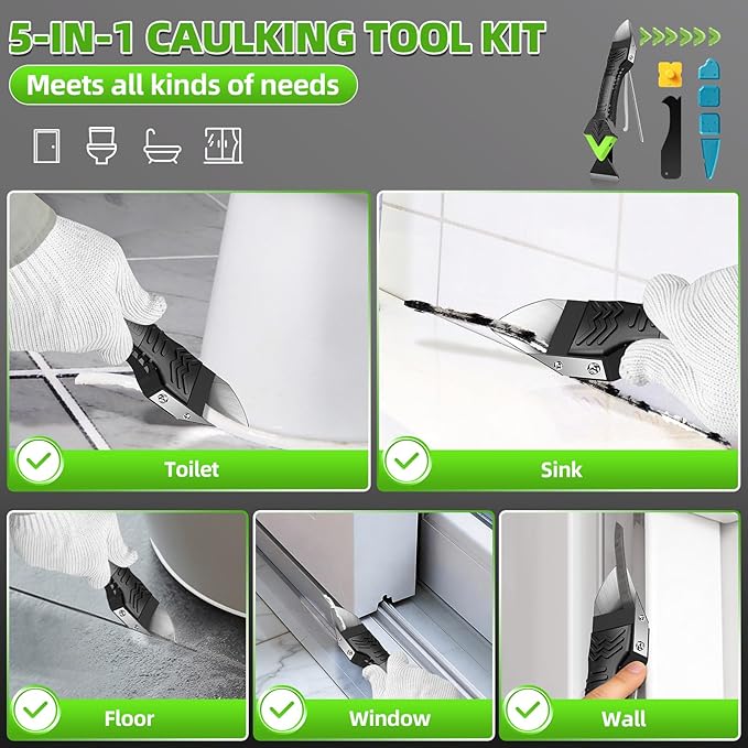 5 in 1 Silicone Caulking Tool Kit, Caulk Remover Tool with Stainless Steel Head,Caulk Finishing Tool with Different Angles,Grout Removal Tool for Kitchen Sink Washroom Floor Bathroom Toilet Caulking