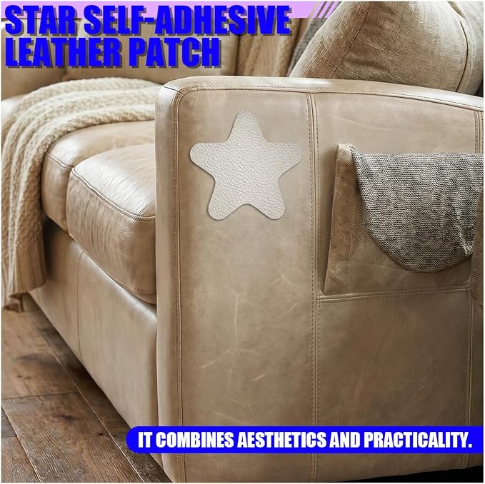 4PCS Stars-Shaped Car PVC Leather Repair Patch Tape, Self-Adhesive Car Seat Tear Repair Kit, Wear-Resistant Auto Interior Decoration Sticker Accessories for Furniture, Upholstery (White)