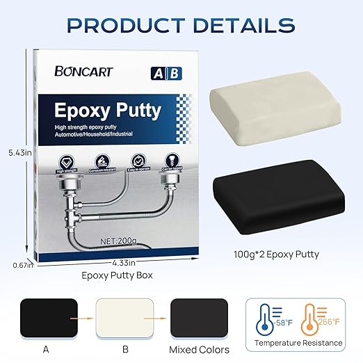 Boncart Epoxy Putty, 200g Fast Repair AB Epoxy Putty, High-Strength Two-Part Filler for Metal, Wood, Tile, Ceramics, Multi-Purpose Sculpt Clay for Bonding, Repairing, Sculpting (Black)