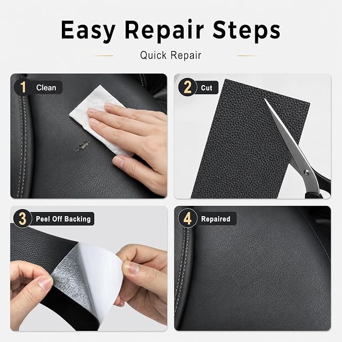 2 PCS Leather Repair Patch Tape, 4 x 8 Inch Waterproof PU Self Adhesive Leather Repair Patch Kit, Cuttable Car Fabric Sofa Vinyl Tape for Car Upholstery Seat, Furniture, Couch (Black)