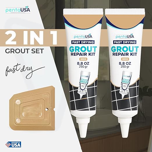 PentaUSA Premixed Tile Grout Repair Kit 2 Pack - Warm Beige Acrylic Sanded Grout Filler for Bathroom, Shower, Kitchen Tile Water-Resistant Tubes with Applicator, Fast Drying, (2 x 250g / 17.6oz)