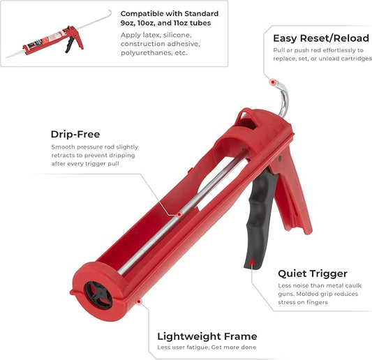 INTERTOOL Caulking Silicone Gun with 10 oz. Tube & 10:1 Thrust Ratio – Drip-Free Lightweight Hand Caulk Gun Tool with Durable Plastic Body, Smooth Rod, Quiet Ratcheting HT-0027