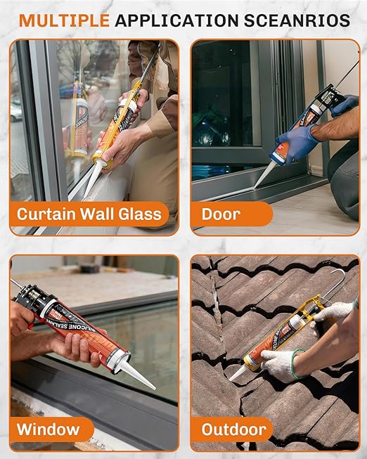 WELLUCK Gray Silicone Caulk, 100% Waterproof Silicone Sealant Adhesive Caulking,for RV, Kitchen,Bathroom, Window, Door, Glass,10.2FL.OZ/300ML(4 Pack)