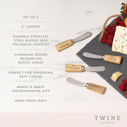 Twine Cork Handle Cheese Spreaders Knives Set - Appetizer Serving Knives - Cream Cheese Spreaders - Set of 4