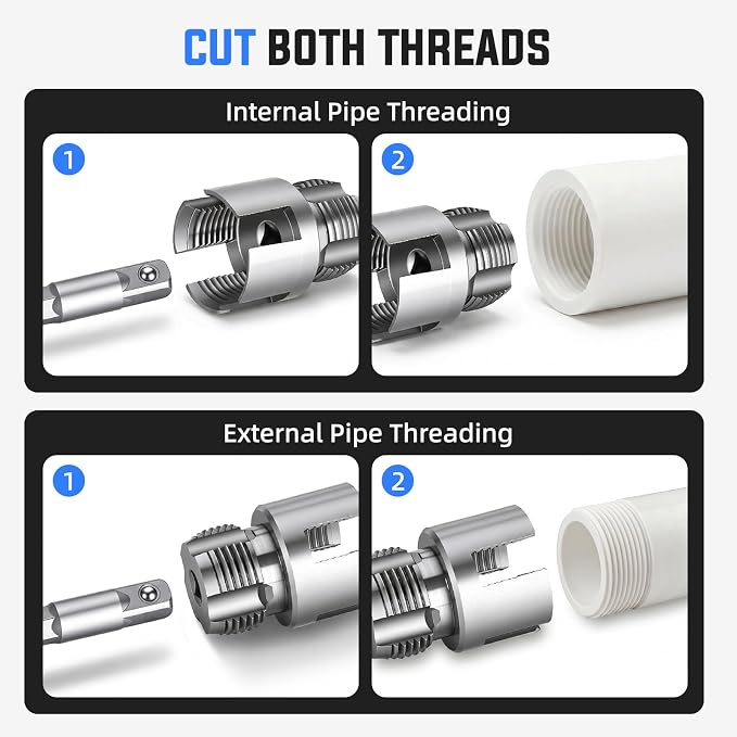 Valkynos 3PCS Internal & External Pipe Threading Tool, 1/2'' 3/4'' 1'' PVC Pipe Threader Kit with Storage Case, Heavy-Duty Alloy Steel, Electric Drill Compatible for Plumbing and Home Repair