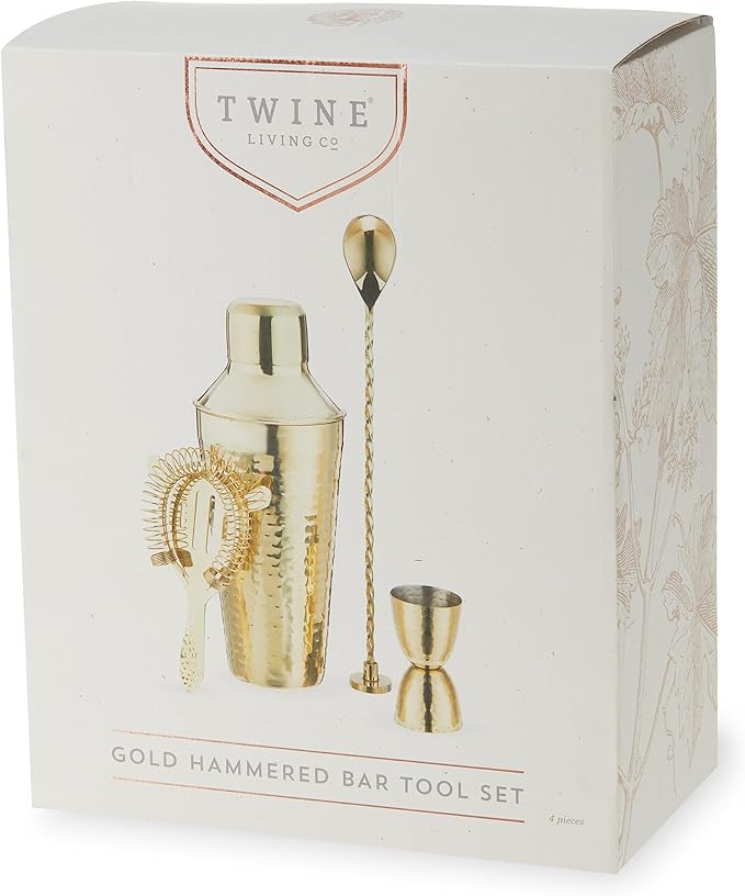Twine 4-Piece Gold Hammered Cocktail Shaker Set Includes Cobbler Shaker, Strainer, Jigger, Bar Spoon for Classic Cocktails, Mixed Drinks, Cold Brew, Home Bar Tools, Bartender Kit, Bar Cart Accessories