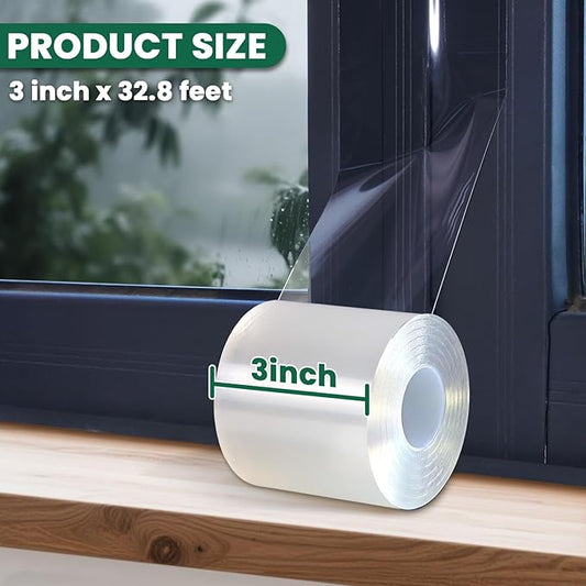 Window Sealing Tape, Window AC Insulation Sealing Around Frame Draft, 3 inch X 33 FT, Blocker for Cold Heat Air, Waterproof Tape for Repair, Heavy Duty No Residue (Clear)