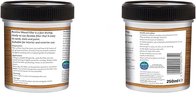 Rustins AWOOT250 Acrylic Wood Filler, Teak, 400g- Multi-Purpose Wood Repair Compound for Cracks, Gaps, & Surface Imperfections – Quick-Drying, Sandable, & Paintable for Interior & Exterior Use