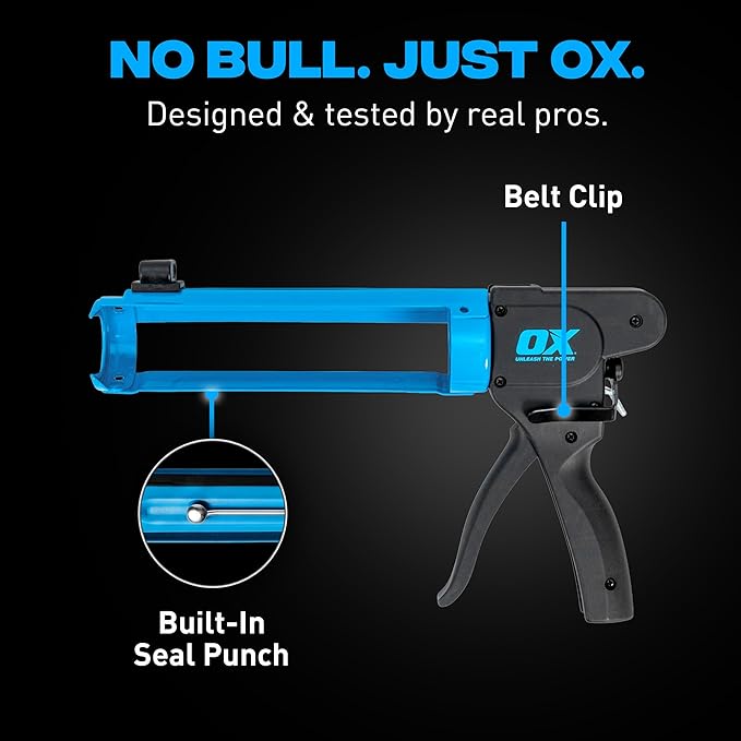 OX Pro Compact Caulk Gun - 10 oz Rodless Manual Caulking Gun Tool - 7:1 Thrust Ratio Designed for Tight Spaces, Includes Belt Clip - Pistola De Silicona