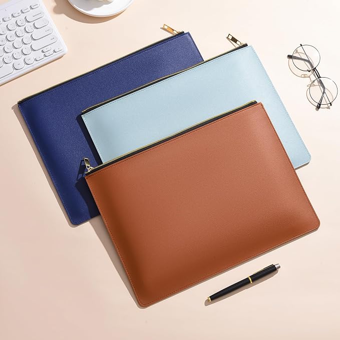 PU Leather A4 File Folder Zipper Document Holder Envelope Folder Case for Receipt Contract (1, Blue)
