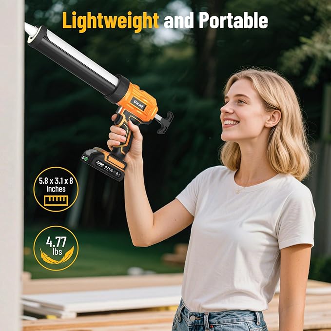 Electric Caulking Gun, Cordless Caulking Gun with 2x 2000mAh Batteries, 9Pcs Silicone Caulking Tools, 4 Adjustable Speeds, LED Light, 10OZ Battery Silicone Gun for Filling, Sealing (Yellow)