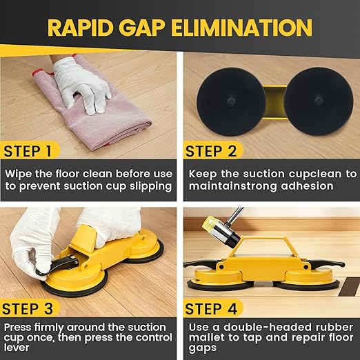 Floor Gap Fixer Tool Kit with Heavy Duty Rubber Mallet, Floor Dual Suction Cup Tool Upgrade 45° Striking Surface for Laminate, Hardwood, and Vinyl Floor (Yellow)