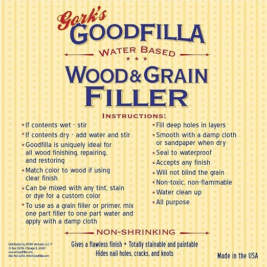 Goodfilla Walnut, 8 oz, Wood and Grain Filler, Stainable, Tintable, Sandable, Zero Waste, Non-Toxic, USA Made