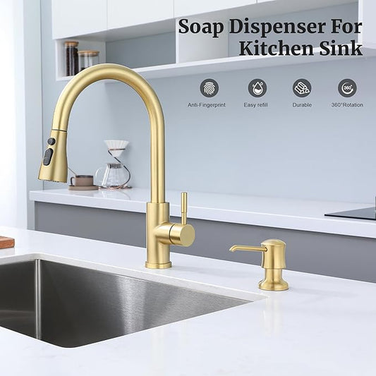 Brushed Gold Sink Soap Dispenser for Kitchen Sink (Gold Brushed),Dish & Hand Liquid Soap Dispenser,Built-in & Refill from Top Type