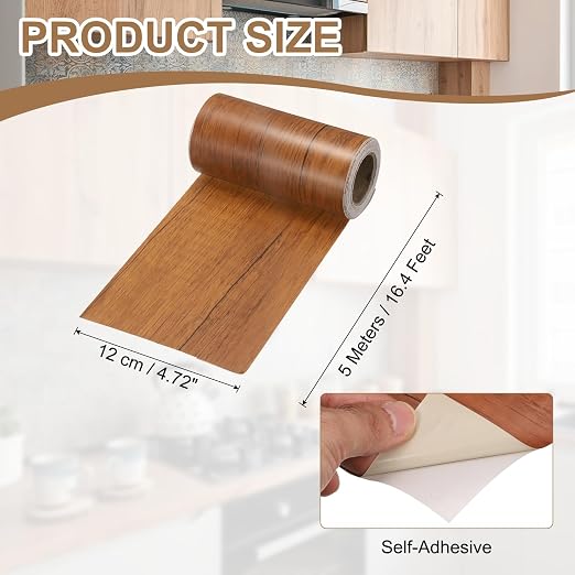 uxcell Wood Tape, 5 Inch x 16ft Self-Adhesive Wood Grain Repair Tape Patch with Plastic Scraper for Baseboards, Doors, Windows, Floor Repair and Furniture Renovation, Dark Brown