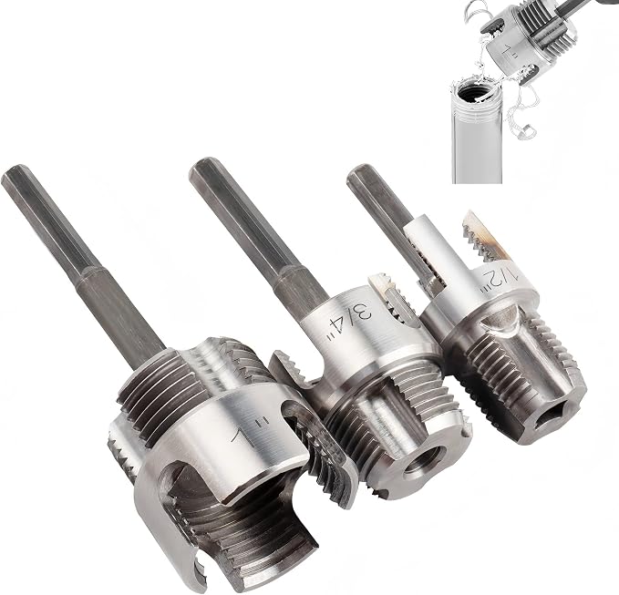 3Pcs Integrated Internal & External Pipe Threading Tool, Bestgle Dual-Function Pipe Thread Cutting Tool for 1/2" & 3/4"& 1" PVC/Plastic Pipes, Electric Drill Compatible Pipe Threader Kit