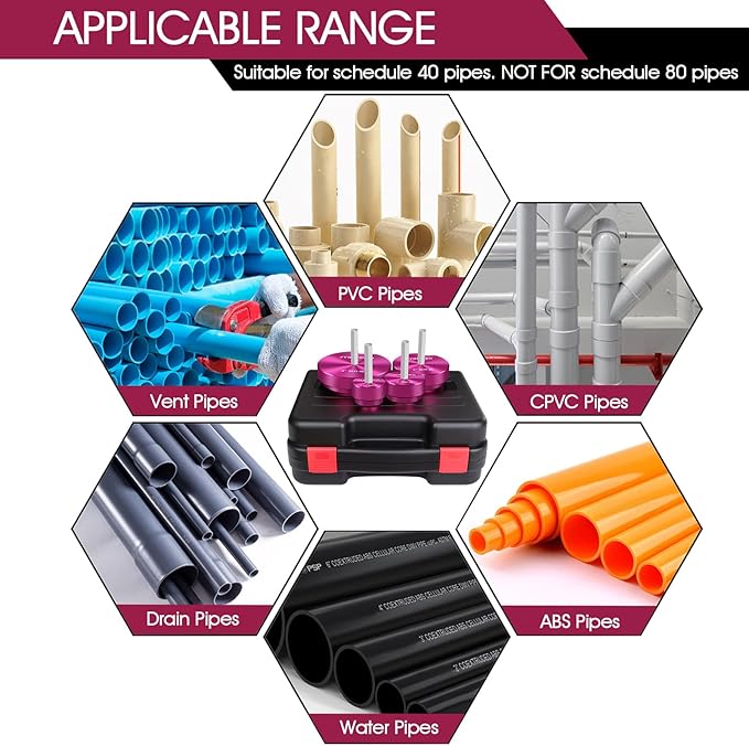 4 Pcs PVC Reamer Kit,Fitting Saver PVC Pipe Reamer Socket Saver Set for Plumbing,Includes 1-1/2 Inch 2 Inch 3 Inch 4 Inch,Plastic Pipe Reamers Tool Kit for Sch.40 CPVC ABS Fittings,Fit for 1/2" Drills
