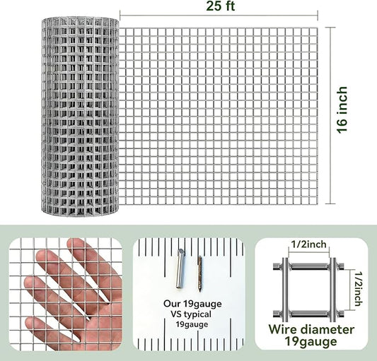 AMAGABELI GARDEN & HOME Hardware Cloth 1/2 inch 16inx25ft Galvanized After Welding 19 Gauge Square Chicken Wire Fence Mesh Roll Raised Garden Bed Plant Supports Poultry Netting Cage Snake Fence