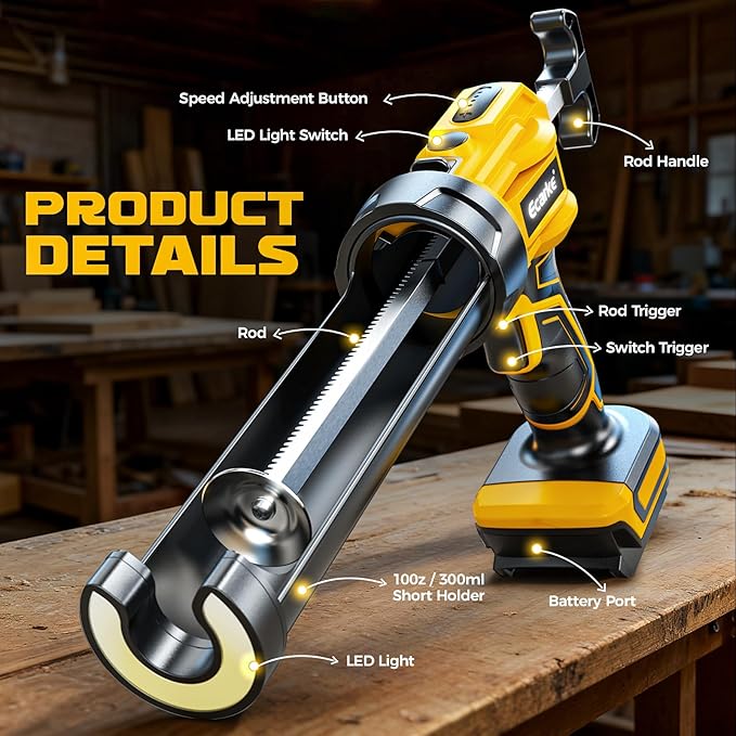Cordless Caulking Gun Compatible with DeWalt 20V Battery (Tool Only), 10oz Electric Caulking Gun with Adjustable Speed, 9Pcs Caulk Remover Tool, Ecarke Cordless Silicone Gun for Filling, Sealing